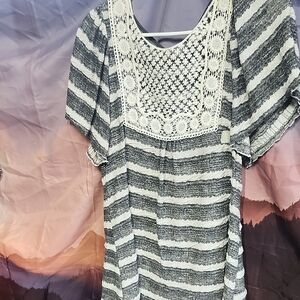 A'Reve Black and Cream Striped Blouse with Lace